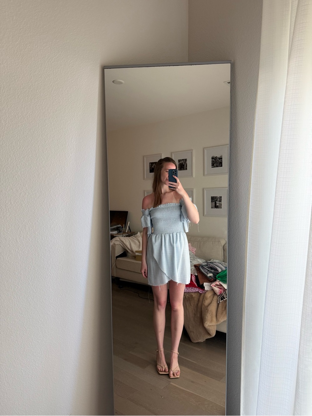 Light Blue Off-Shoulder Smocked Summer Dress